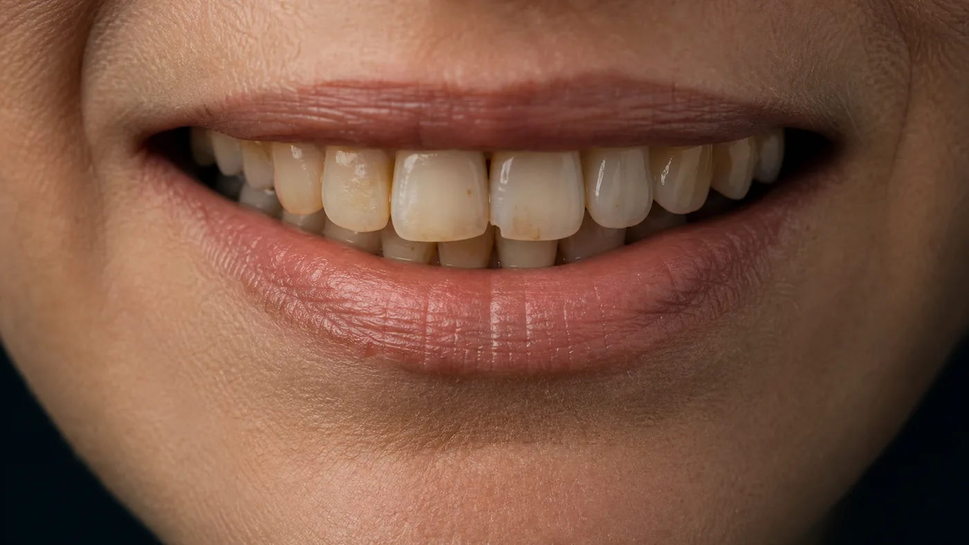 Close-up of a smile before treatment, showing discolouration and wear